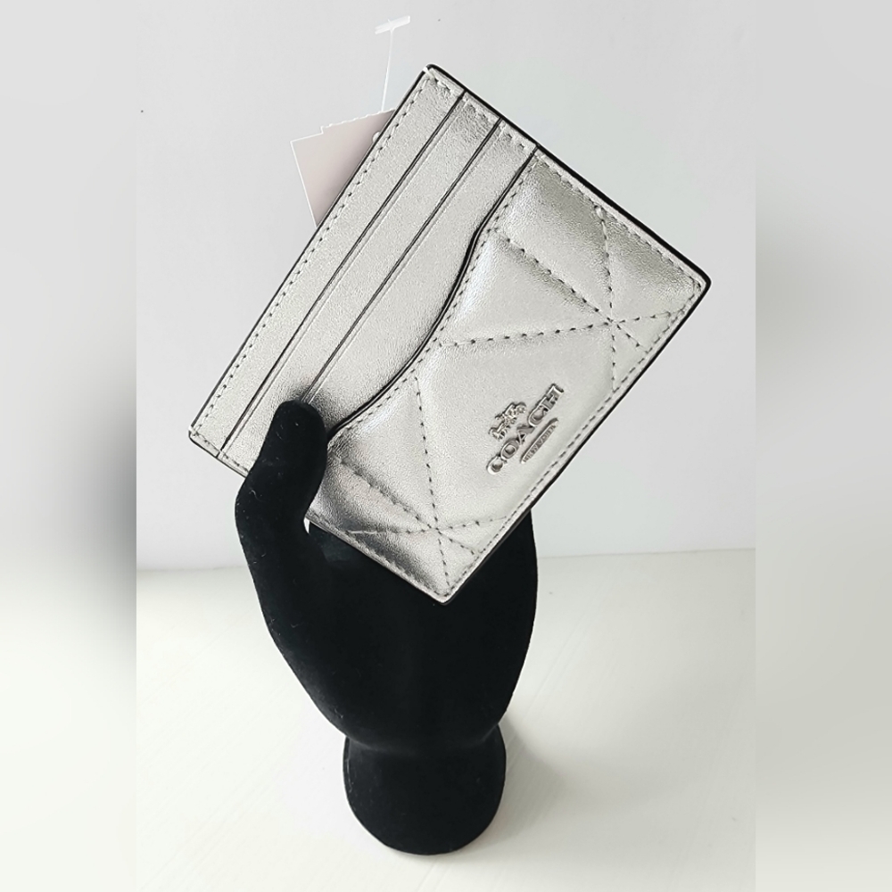 COACH Slim id Card Case Silver Metallic Puffy Diamond Quilting LEATHER NWT!